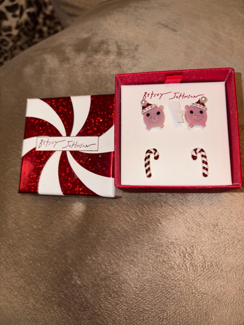 Betsey Johnson Pink Pig and Red White Candy Cane Kids Earring Set